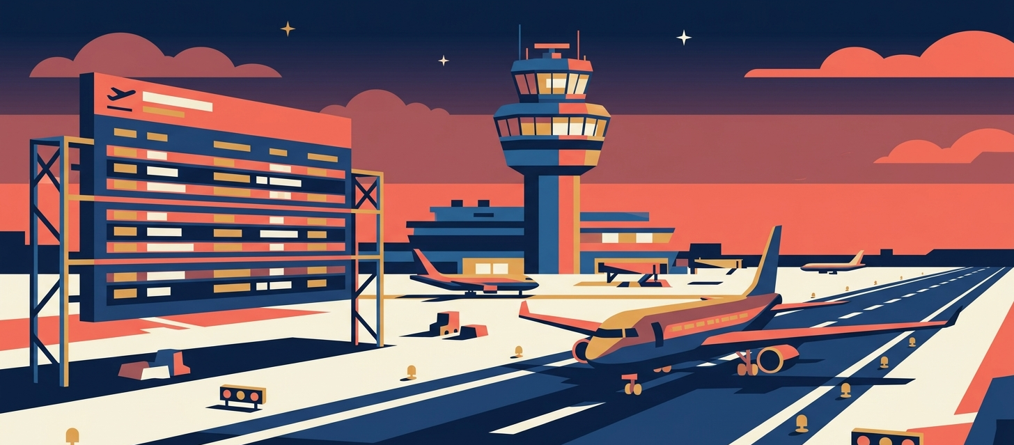 An airport terminal at sunset with departure board and control tower
