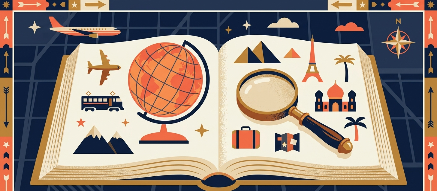 An open book with a globe, magnifying glass, and travel icons